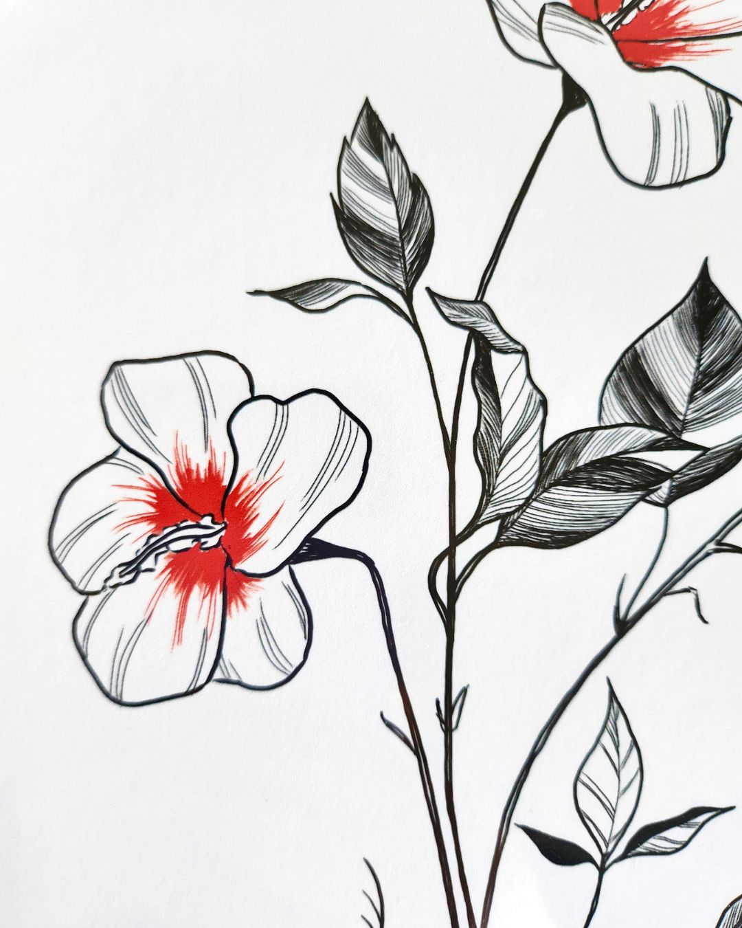Close-up of Korean hibiscus linework by Full Art Alchemist — delicate ink details on textured paper