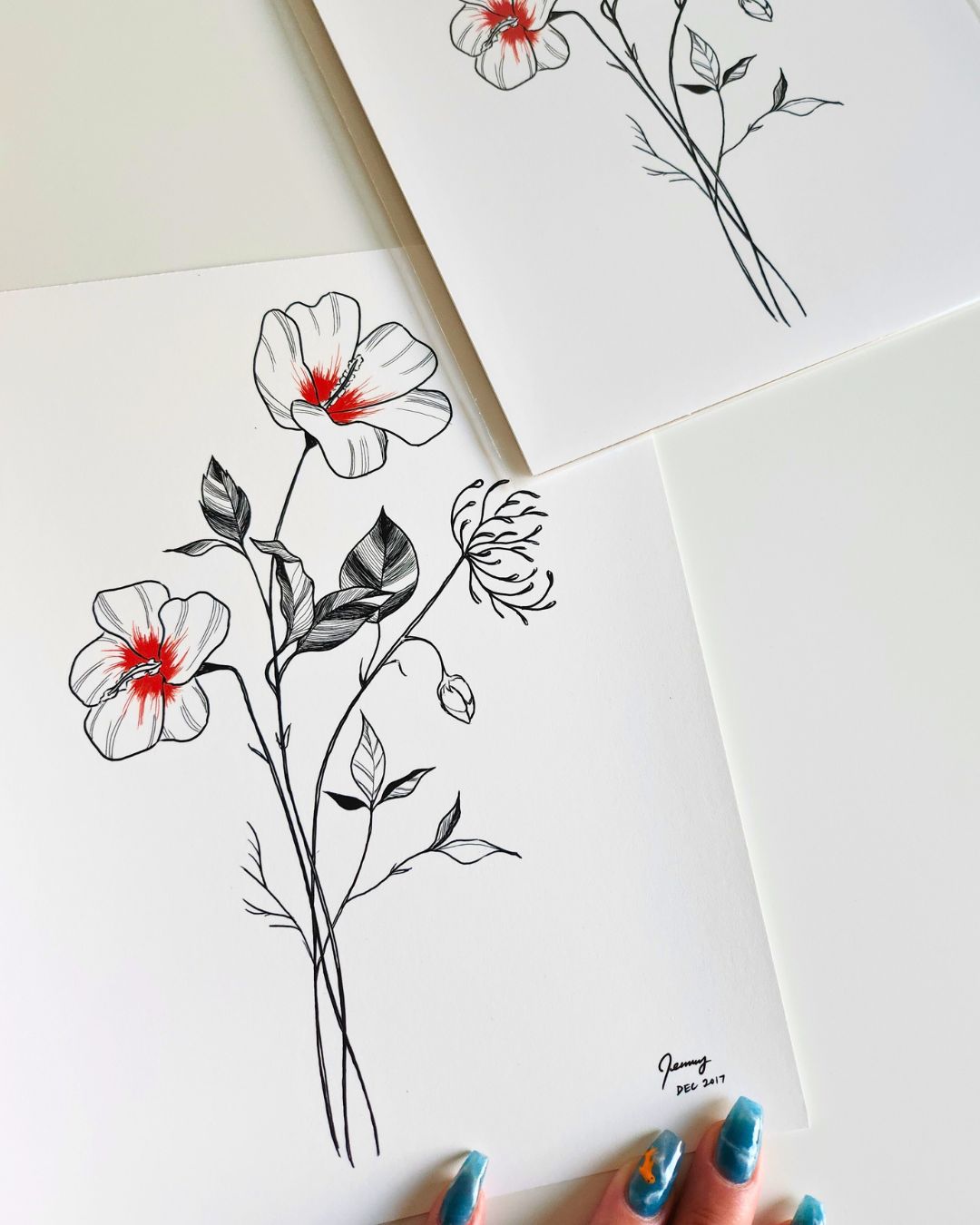 Minimalist floral art print featuring a Korean hibiscus — photographed at an angle with archival sleeve