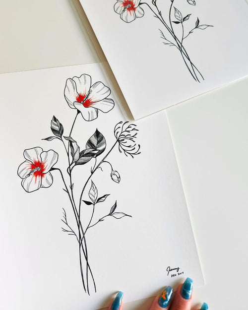 Minimalist floral art print featuring a Korean hibiscus — photographed at an angle with archival sleeve
