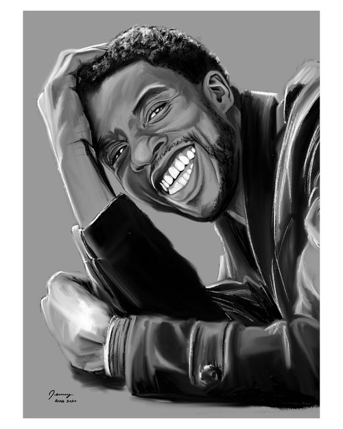 Black and white realism portrait of Chadwick Boseman with clean white border — digital print by Full Art Alchemist