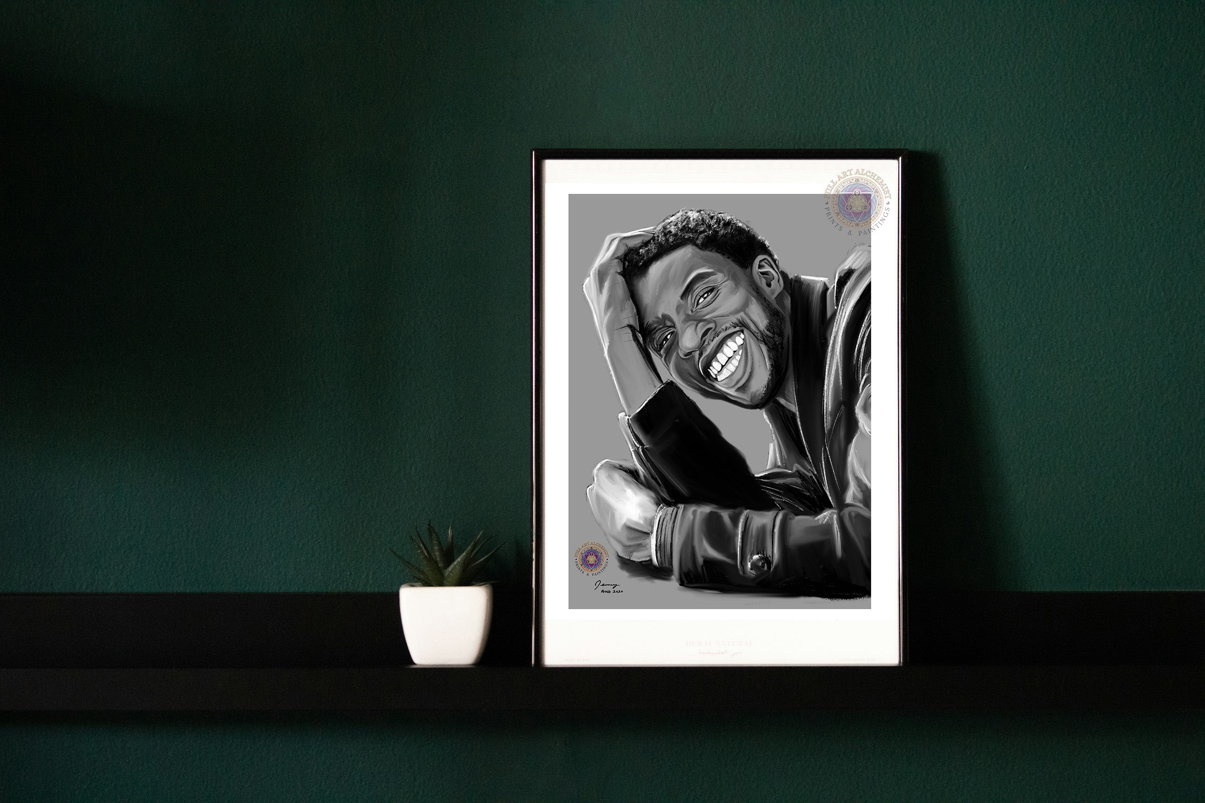 Mockup of a framed art print of Chadwick Boseman — actual product is unframed.