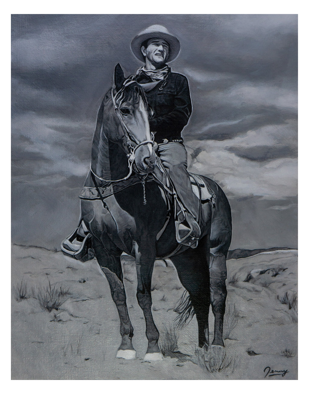 Western cowboy portrait in oil — monochrome realism print with clean white border by Full Art Alchemist