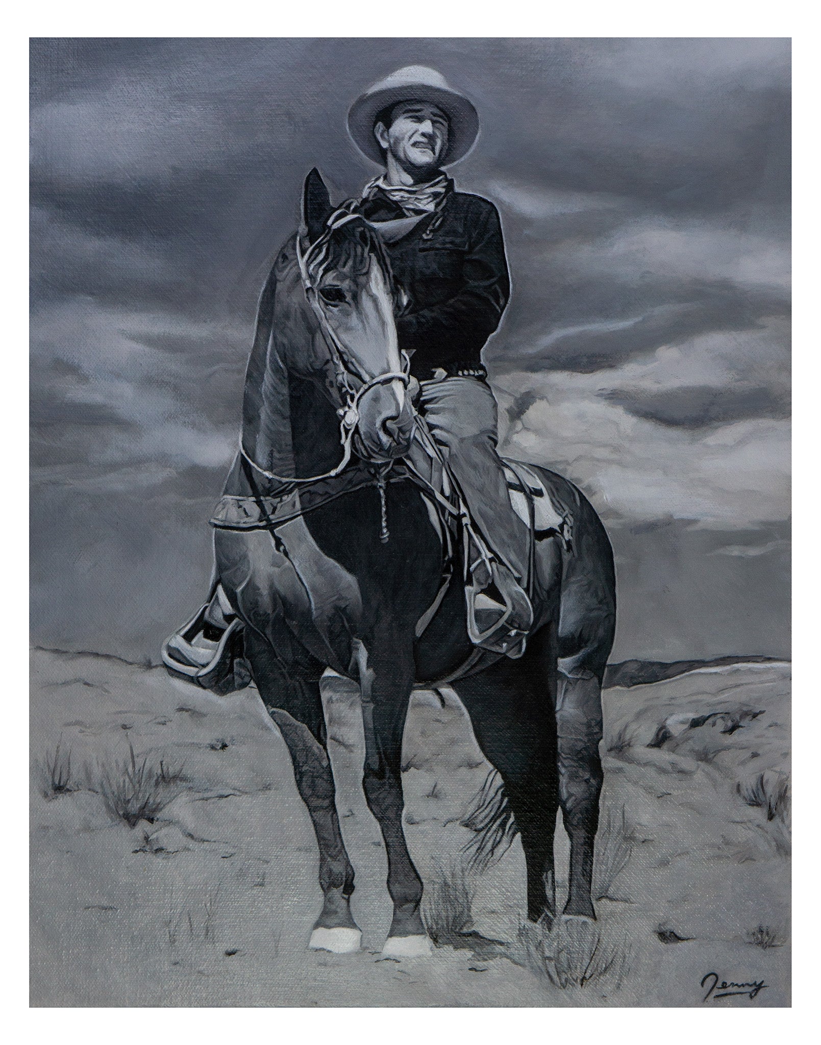 Western cowboy portrait in oil — monochrome realism print with clean white border by Full Art Alchemist