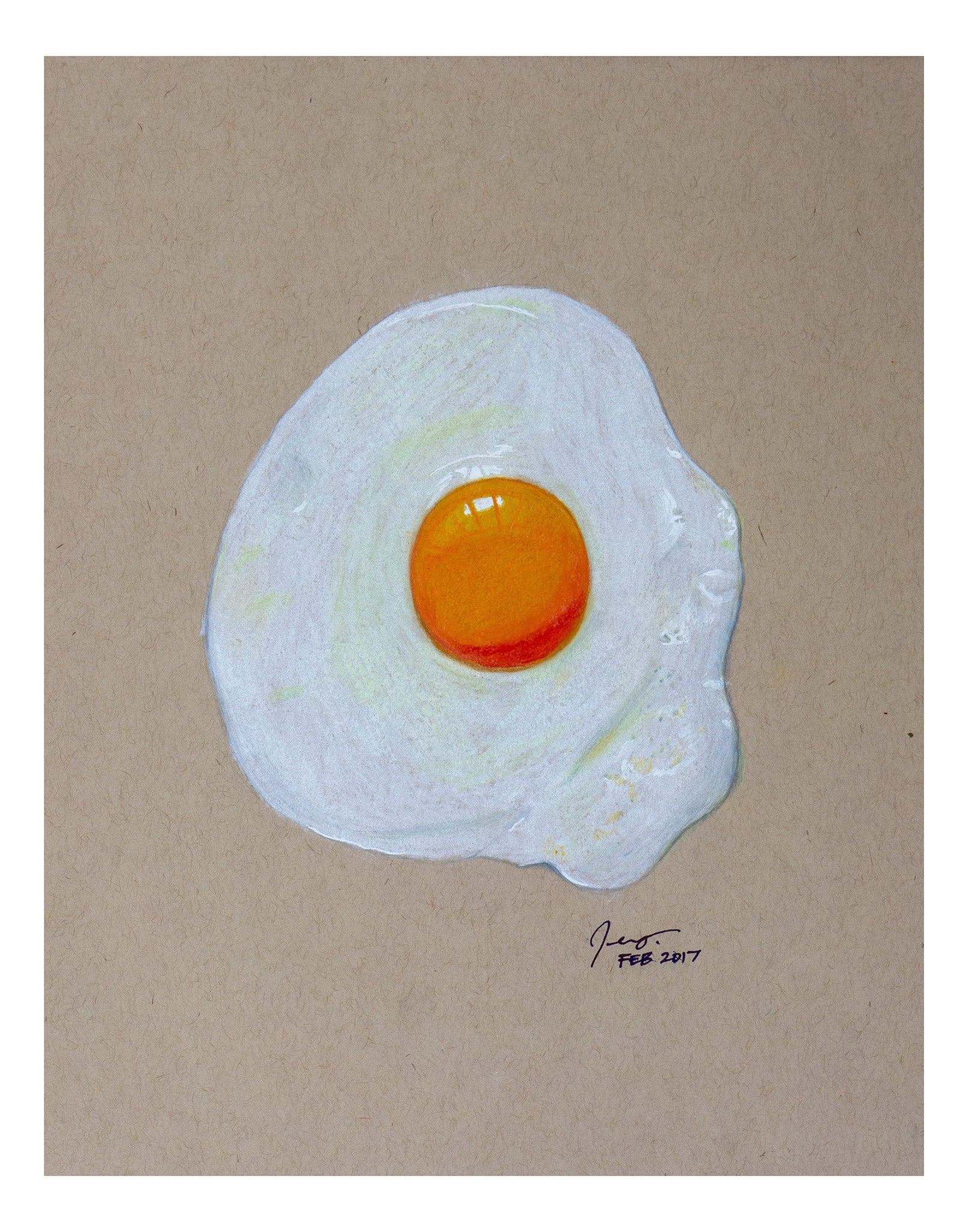 Fried egg drawn in pencil crayon with white border — food illustration art print by Full Art Alchemist