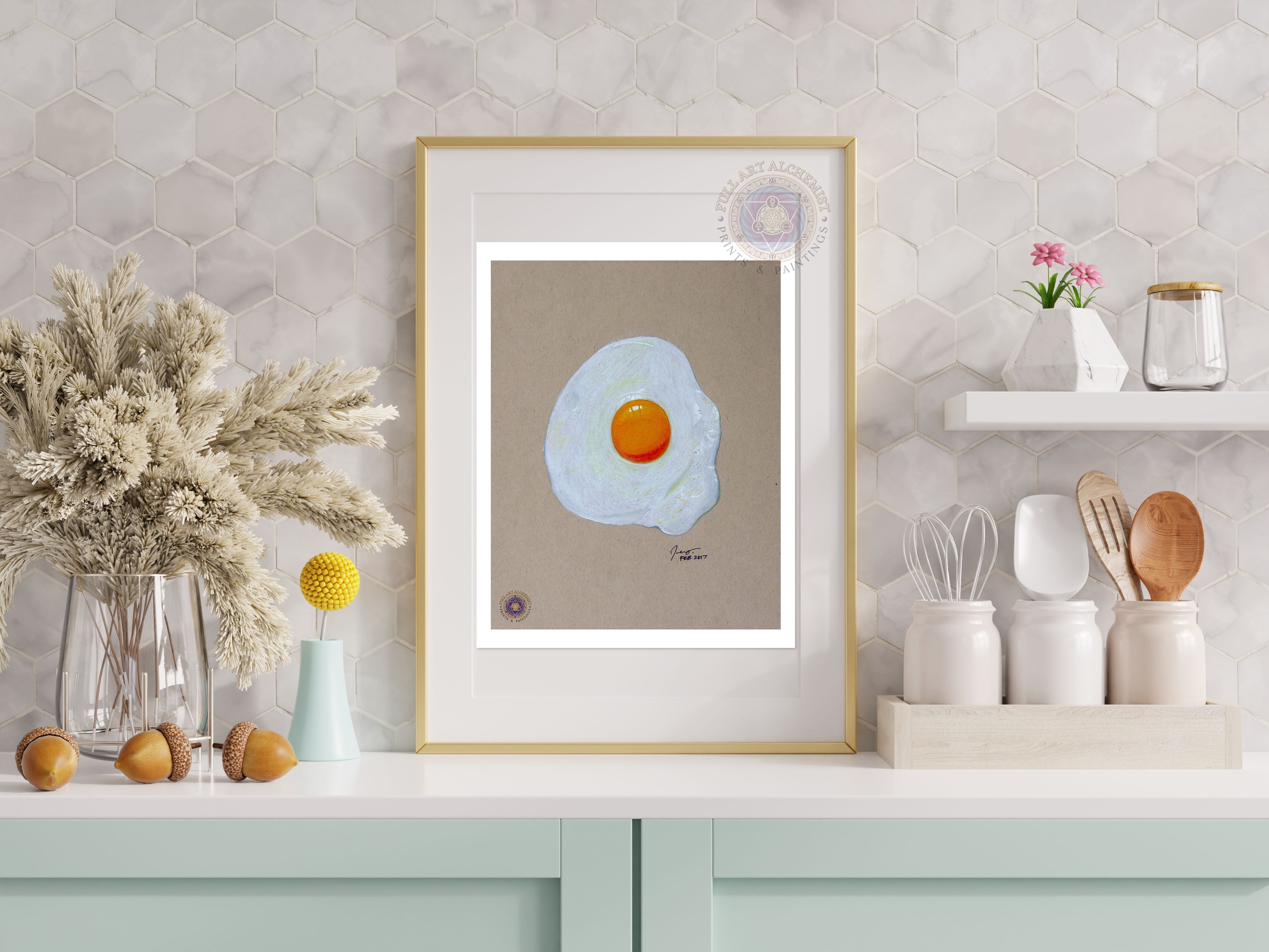 Mockup of a framed art print of a sunny side up egg — actual product is unframed.