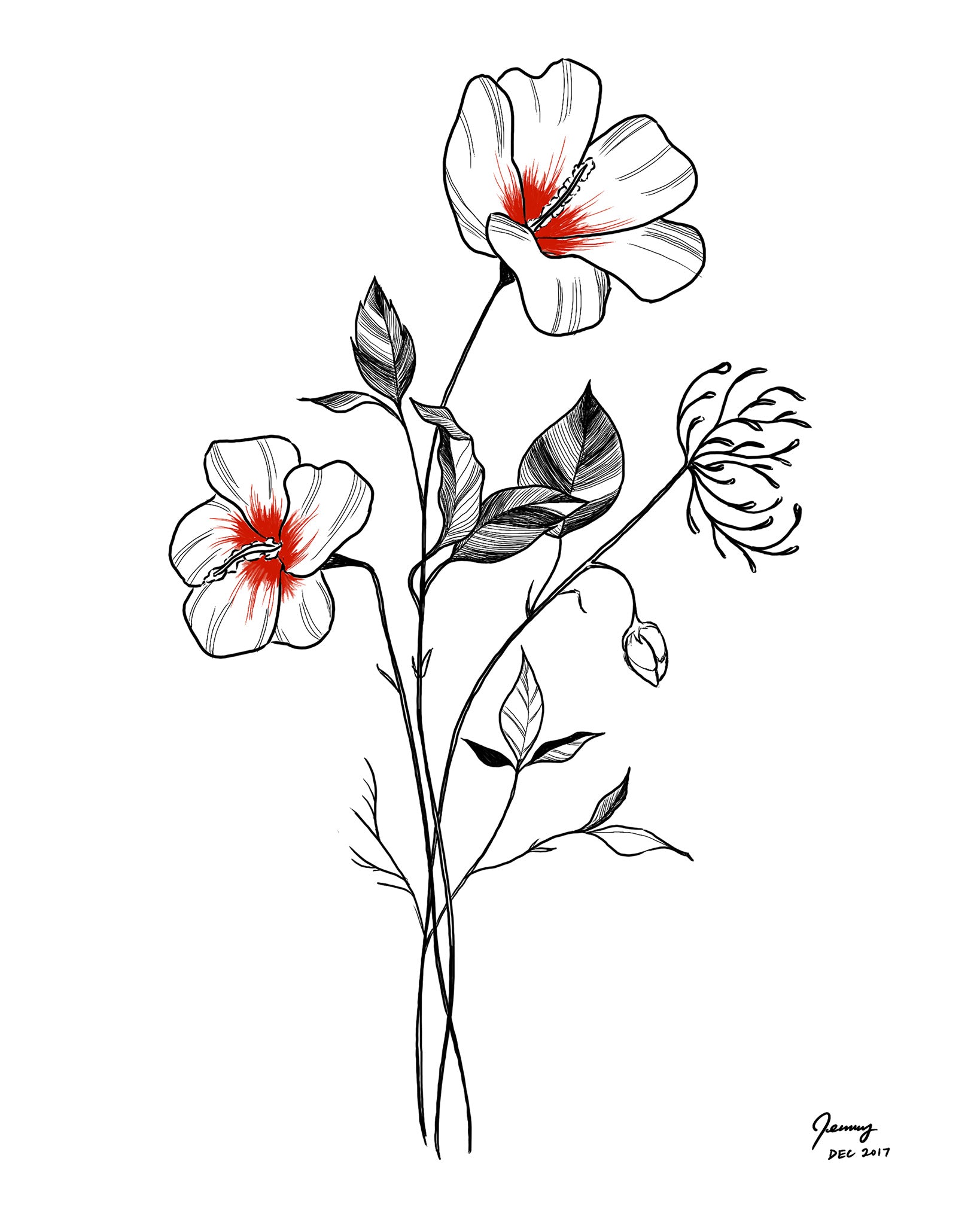 Minimalist hibiscus flower line drawing with white border — botanical art print by Full Art Alchemist