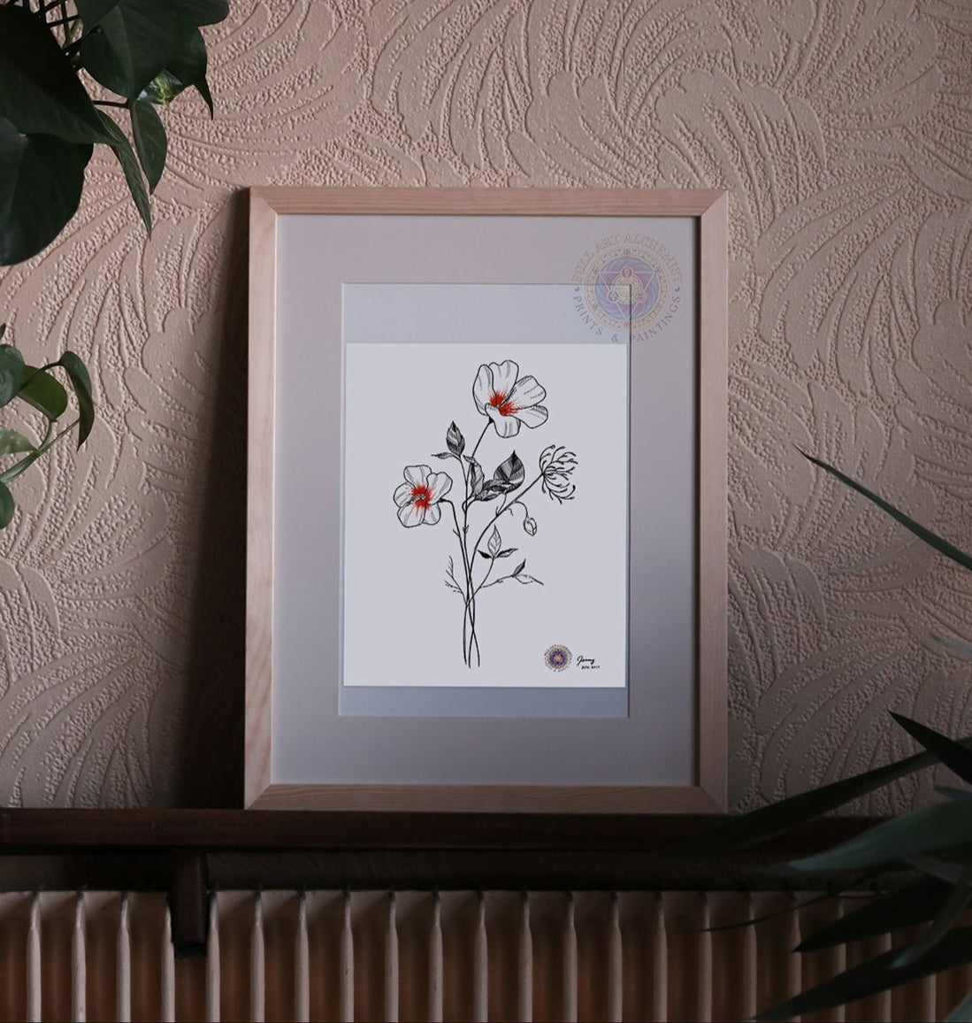 Mockup of a framed art print of a Korean hibiscus flower — actual product is unframed.