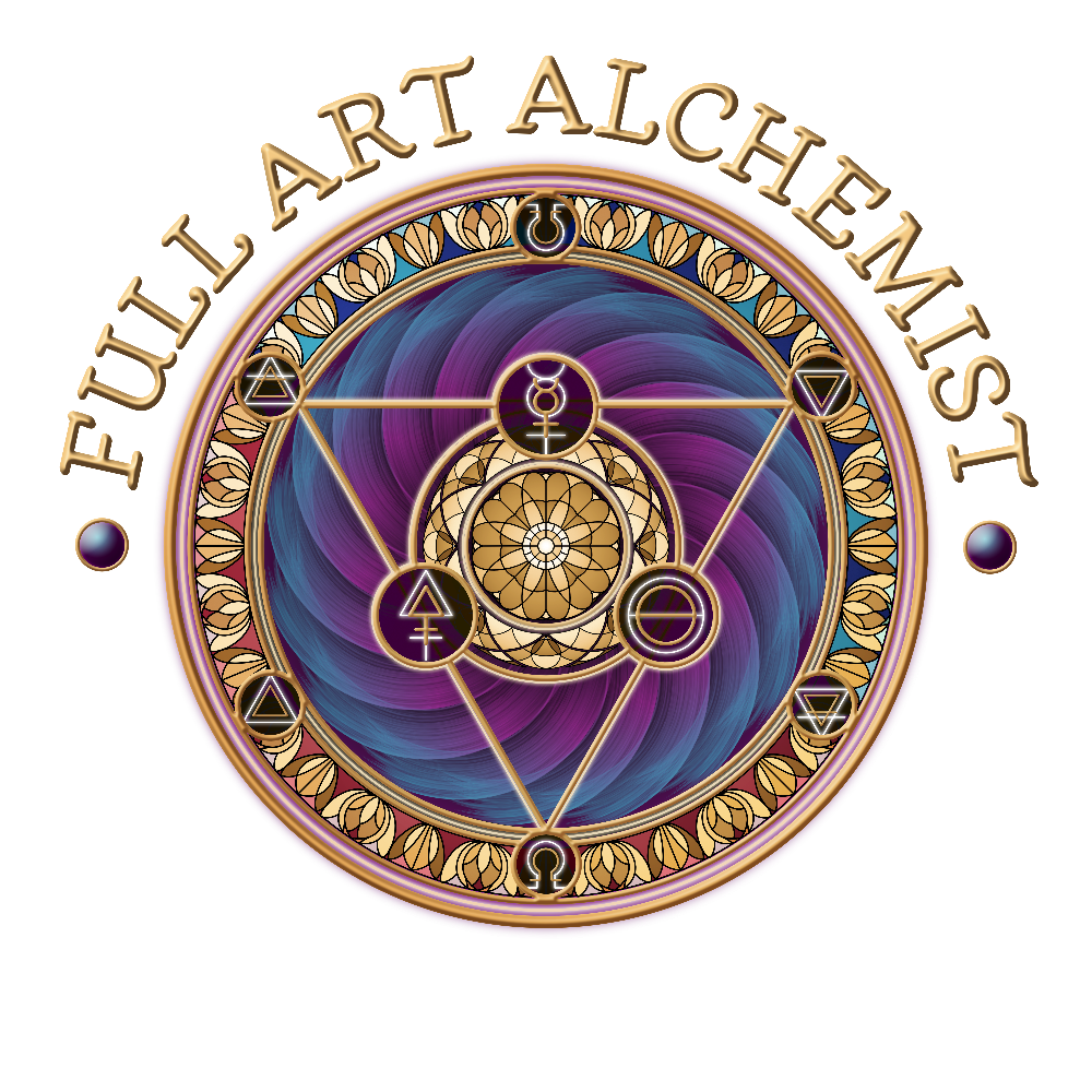 Full Art Alchemist logo – stained glass alchemy circle with gold, red, blue, and purple details