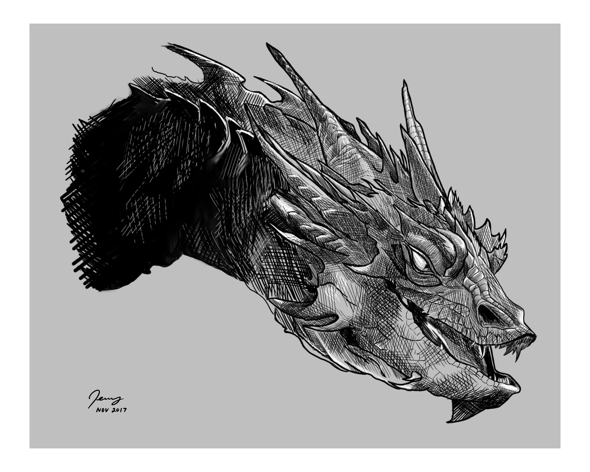 Digitally rendered dragon head sketch print with clean white border — fantasy realism by Full Art Alchemist