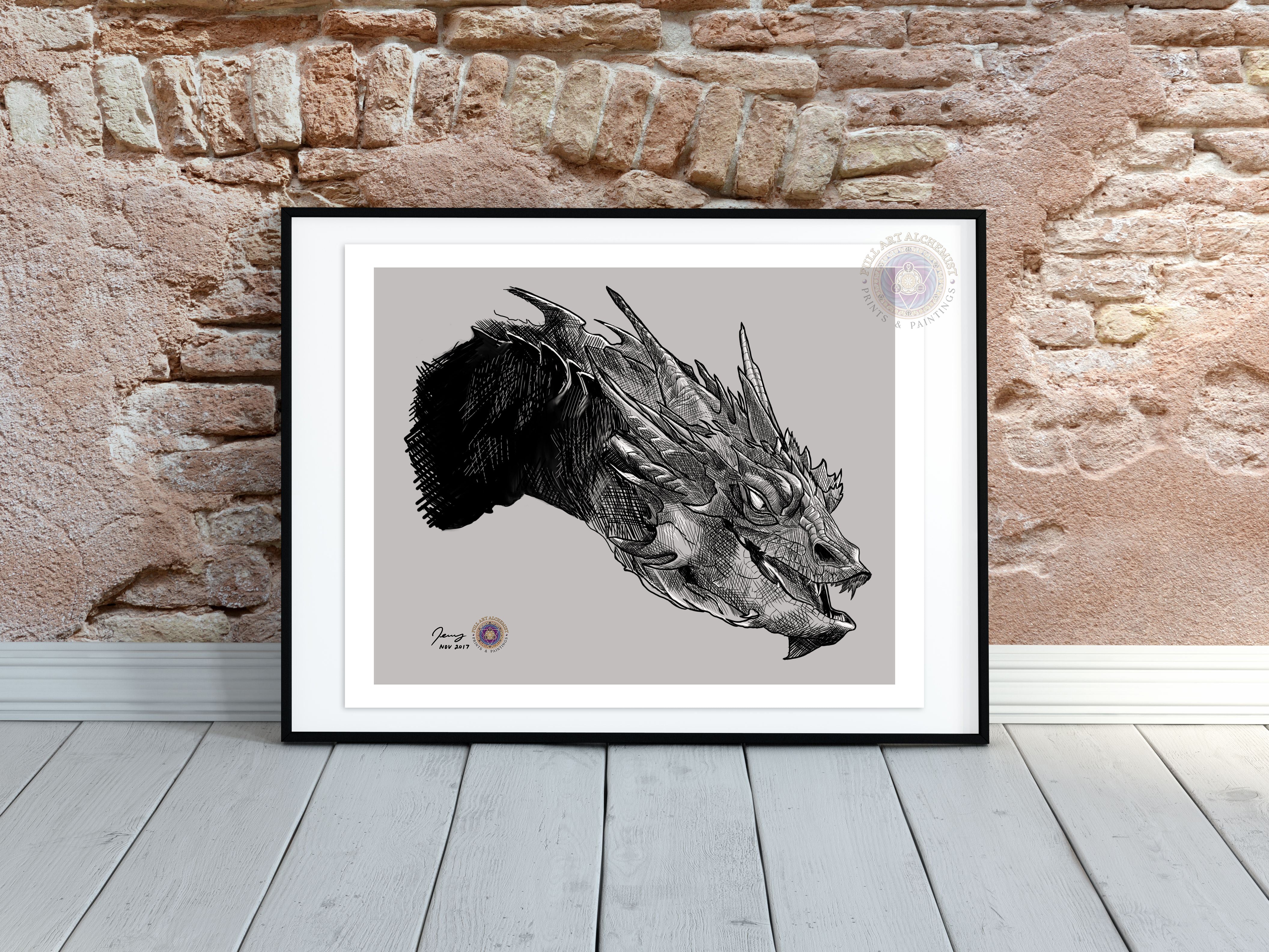 Mockup of a framed art print of Smaug the dragon — actual product is unframed.