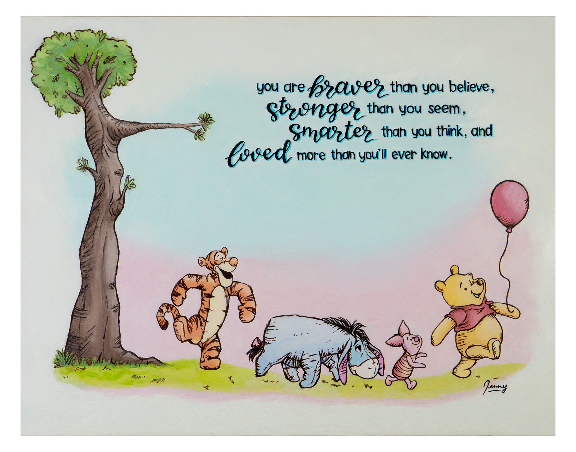 Digital flatlay of "Core Memory" artwork featuring Winnie the Pooh characters, created in oil paint by Full Art Alchemist.