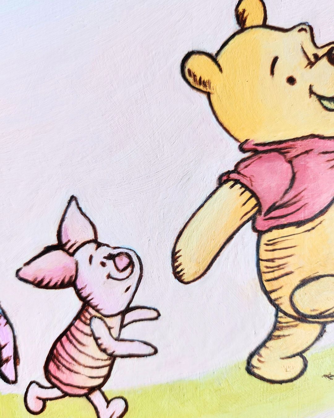 Closeup of the original oil painting "Core Memory" by Full Art Alchemist, showing detailed brushwork and texture from Winnie the Pooh’s balloon scene.