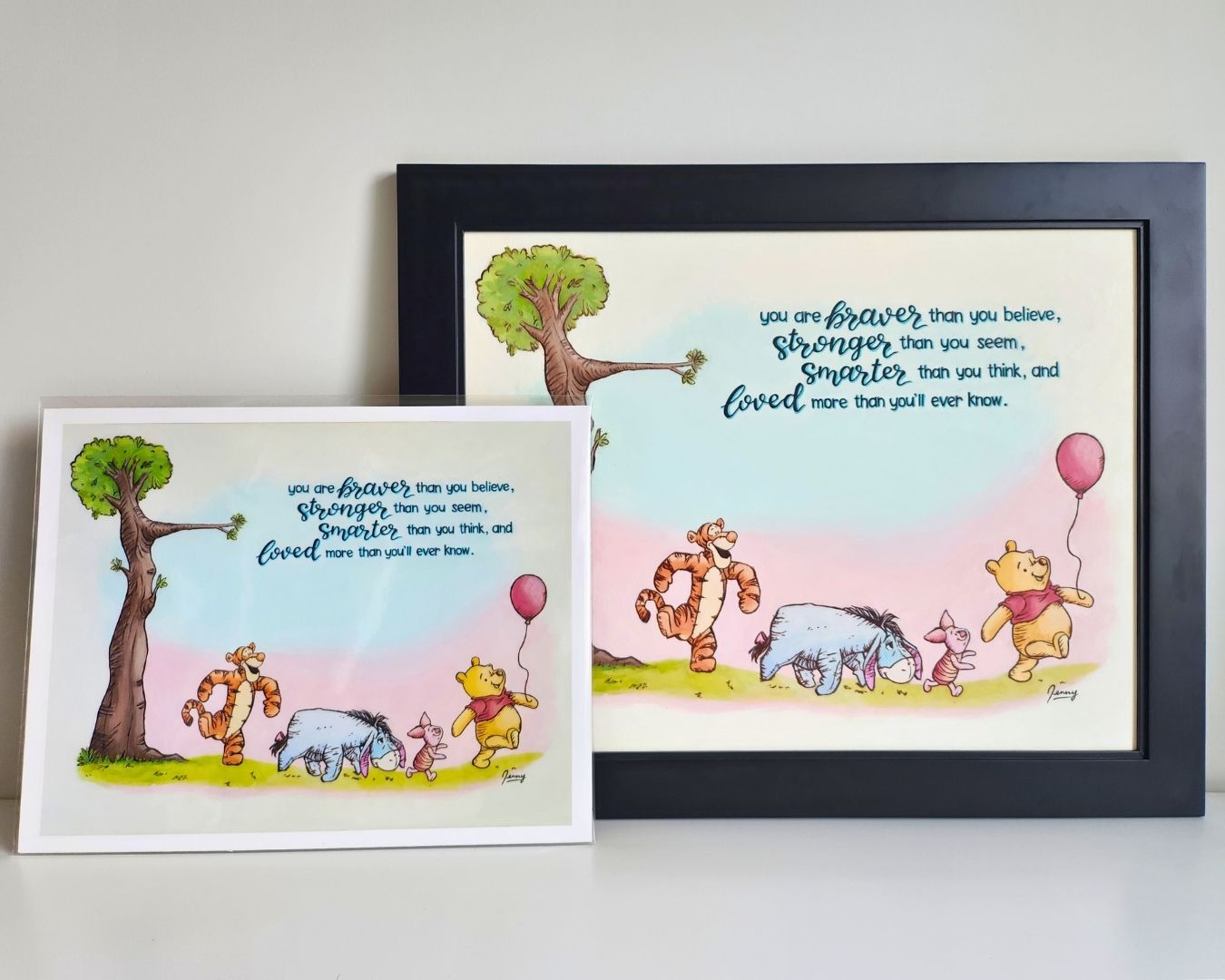 Side-by-side comparison of the original framed Winnie the Pooh oil painting and its 14x11" fine art print version, both created by Full Art Alchemist.